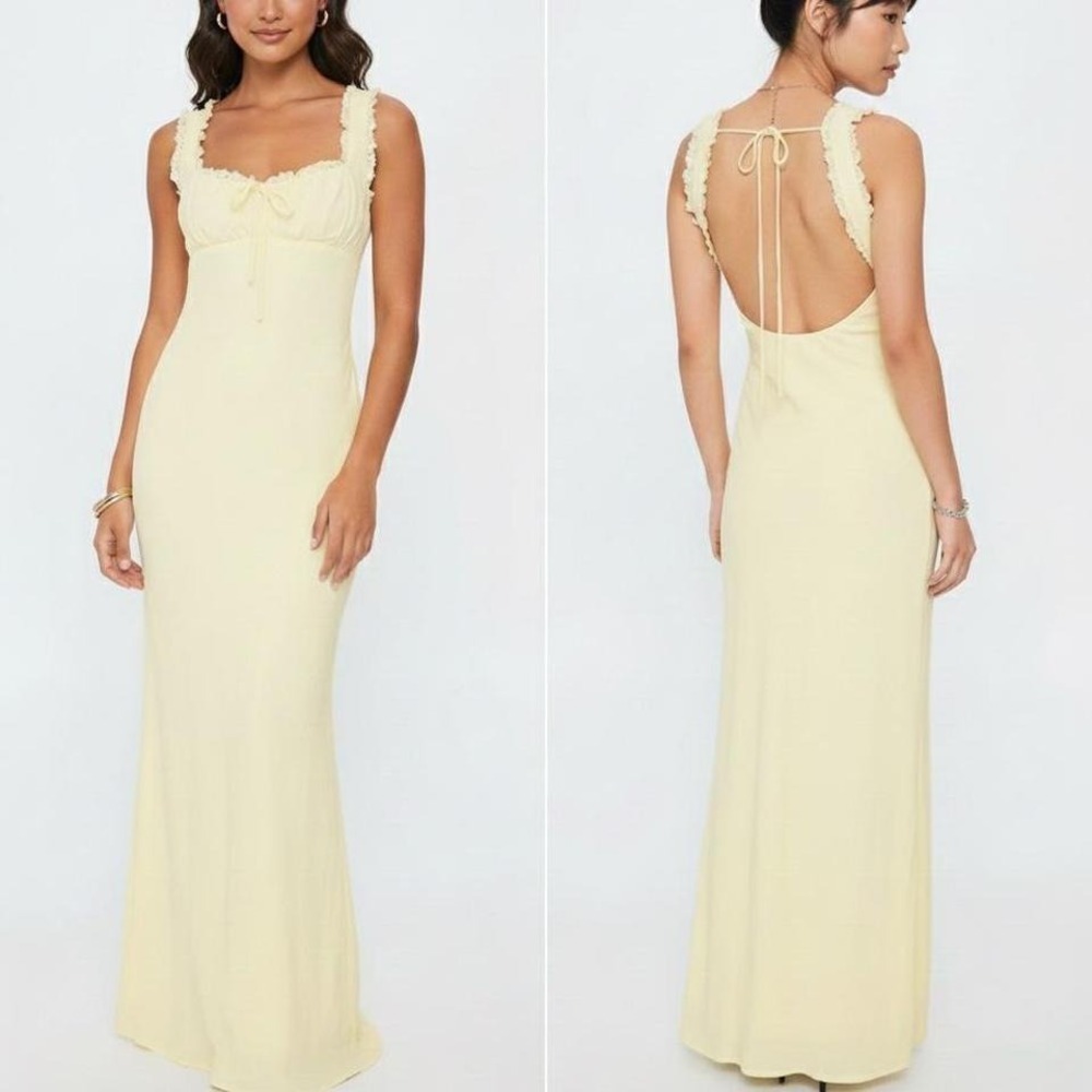 Princess Polly Yellow Maxi Dress Lace Trim Square Neck Tie Front Backless
12